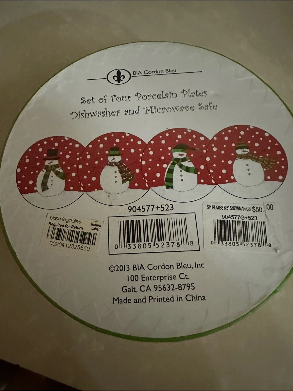 BIA Cordon  Bleu set of 4 Snowman Porcelain salad/dessert plates. NWT